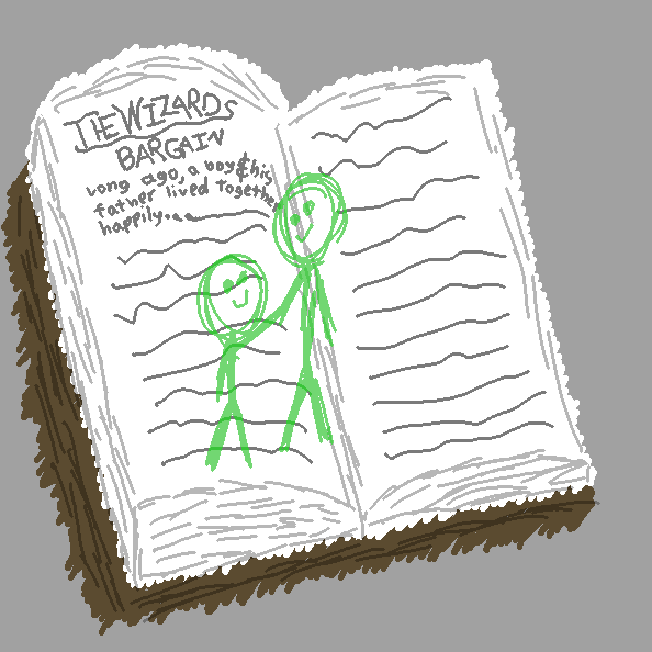 The book reads, Long ago, a boy & his father lived together happily.