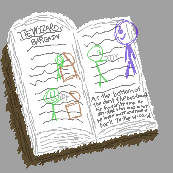 At the bottom of the chest the boy found his favorite toy. He decided this was what he loved most and took it back to the wizard.