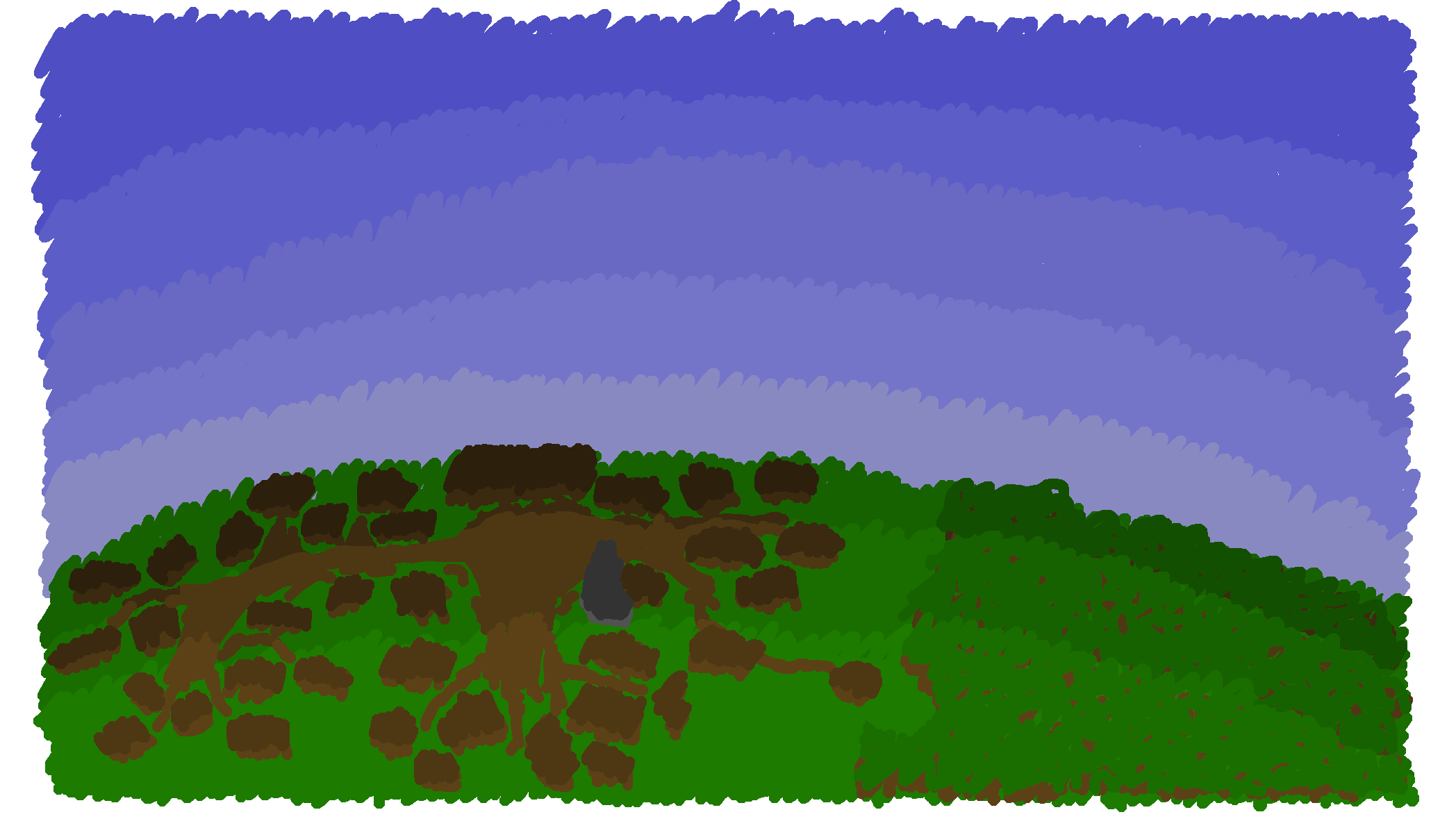 A town, during the day. The same town, in fact, upon which a star fell at the end of the last animation. A forest to the right, a church near the center.