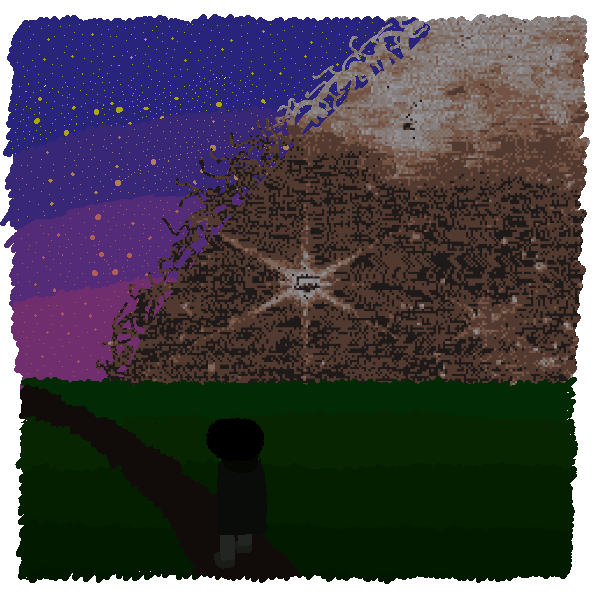 Veli walking home. The Wound is large above him, eating the Twins overhead. The left twin remains untouched, but the right twin is entirely gone.